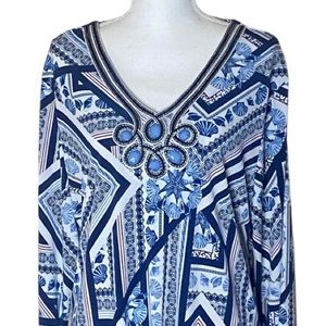 JM Collection Seashell Beach Blue V Neck Tunic with 3/4 Sleeves and side slits
